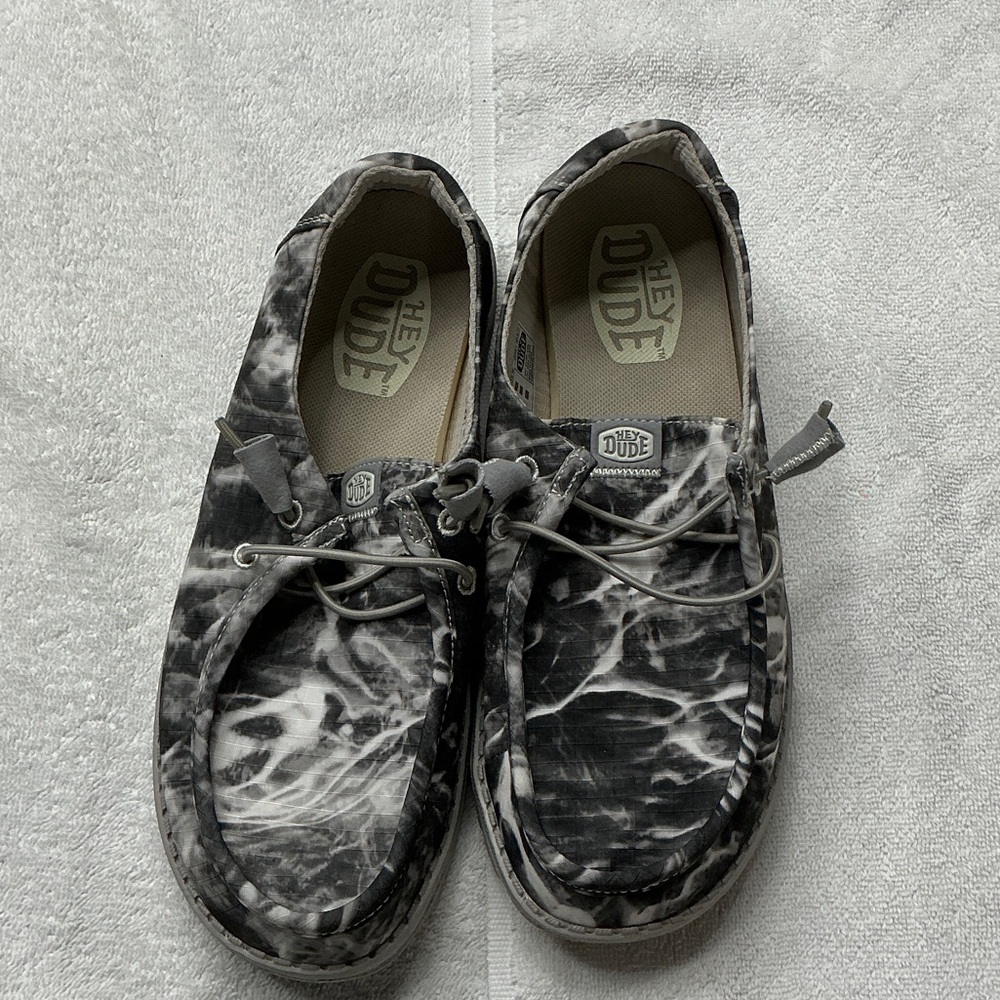 Hey Dude Marble-Pattern Slip-Ons in Gray and White waterproof